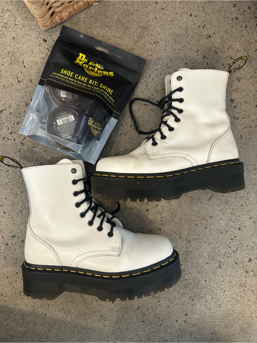 Dr. Martens Jadon White Platform Lace-Up Boots and shoe care kit